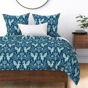 Dragons Damask - traditional, fantasy, floral, geek - cyanotype, blue-green monochrome - Pollinator Dragons coordinate - extra large