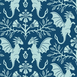 Dragons Damask - traditional, fantasy, floral, geek - cyanotype, blue-green monochrome - Pollinator Dragons coordinate - extra large