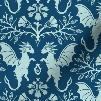 Dragons Damask - traditional, fantasy, floral, geek - cyanotype, blue-green monochrome - Pollinator Dragons coordinate - large