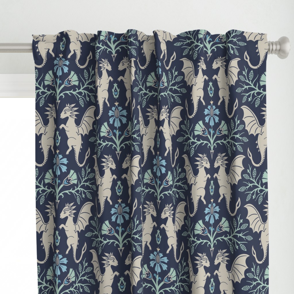 Dragons Damask - traditional, fantasy, floral, geek - navy blue and aqua green - Pollinator Dragons coordinate - extra large