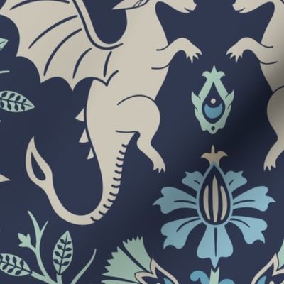 Dragons Damask - traditional, fantasy, floral, geek - navy blue and aqua green - Pollinator Dragons coordinate - extra large