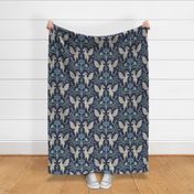 Dragons Damask - traditional, fantasy, floral, geek - navy blue and aqua green - Pollinator Dragons coordinate - extra large