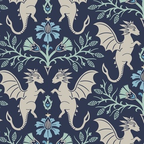 Dragons Damask - traditional, fantasy, floral, geek - navy blue and aqua green - Pollinator Dragons coordinate - extra large