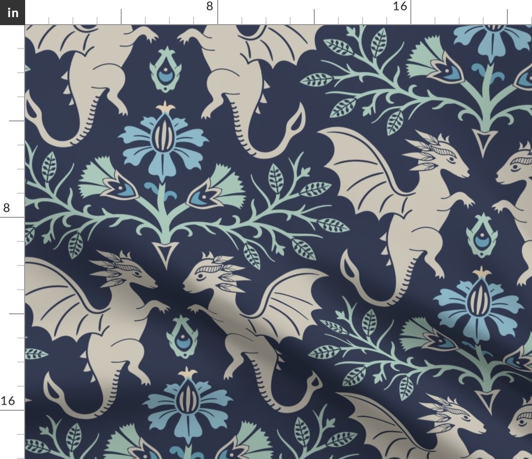 Dragons Damask - traditional, fantasy, floral, geek - navy blue and aqua green - Pollinator Dragons coordinate - extra large