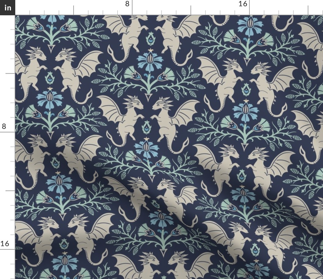 Dragons Damask - traditional, fantasy, floral, geek - navy blue and aqua green - Pollinator Dragons coordinate - large