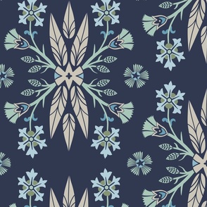 Dragon Feathers - kaleidoscope traditional  floral, geek - navy blue and aqua green - Pollinator Dragons coordinate - extra large