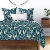 Dragons Damask - traditional, fantasy, floral, vintage - teal and cream - Pollinator Dragons coordinate - extra large