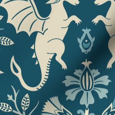 Dragons Damask - traditional, fantasy, floral, vintage - teal and cream - Pollinator Dragons coordinate - extra large