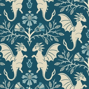 Dragons Damask - traditional, fantasy, floral, vintage - teal and cream - Pollinator Dragons coordinate - extra large