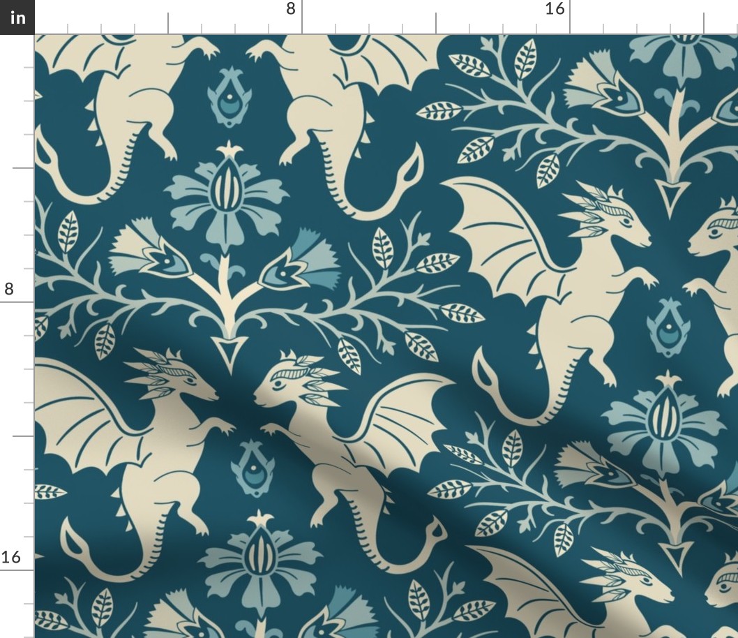Dragons Damask - traditional, fantasy, floral, vintage - teal and cream - Pollinator Dragons coordinate - extra large