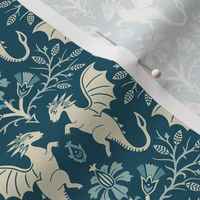 Dragons Damask - traditional, fantasy, floral, vintage - teal and cream - Pollinator Dragons coordinate - medium