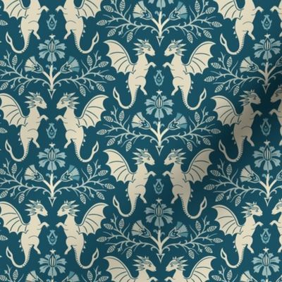 Dragons Damask - traditional, fantasy, floral, vintage - teal and cream - Pollinator Dragons coordinate - medium