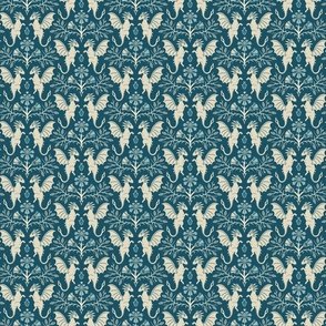 Dragons Damask - traditional, fantasy, floral, vintage - teal and cream - Pollinator Dragons coordinate - medium