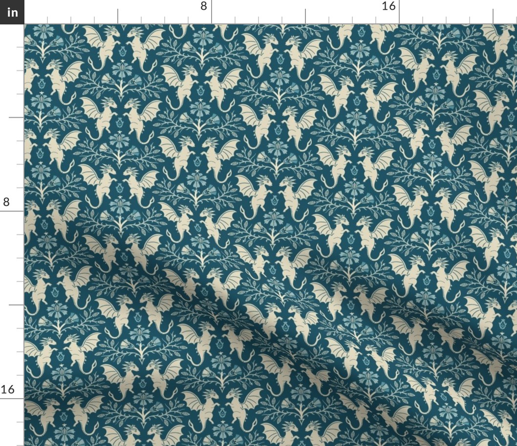 Dragons Damask - traditional, fantasy, floral, vintage - teal and cream - Pollinator Dragons coordinate - medium