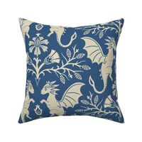 Dragons Damask - traditional, fantasy, floral, vintage - french blue and cream - Pollinator Dragons coordinate - extra large