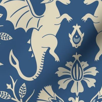 Dragons Damask - traditional, fantasy, floral, vintage - french blue and cream - Pollinator Dragons coordinate - extra large