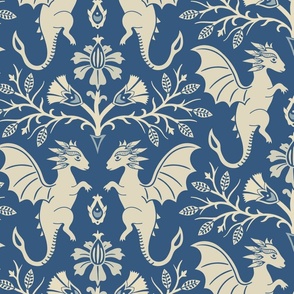 Dragons Damask - traditional, fantasy, floral, vintage - french blue and cream - Pollinator Dragons coordinate - extra large