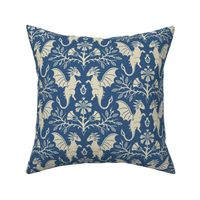 Dragons Damask - traditional, fantasy, floral, vintage - french blue and cream - Pollinator Dragons coordinate - large