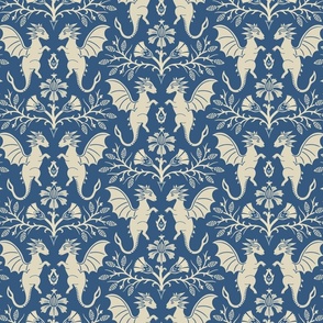 Dragons Damask - traditional, fantasy, floral, vintage - french blue and cream - Pollinator Dragons coordinate - large