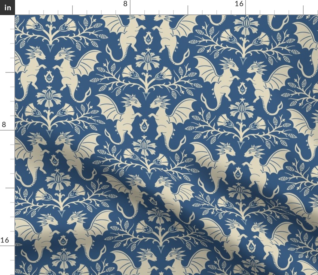 Dragons Damask - traditional, fantasy, floral, vintage - french blue and cream - Pollinator Dragons coordinate - large