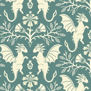 Dragons Damask - traditional, fantasy, floral, vintage - muted dusty green - Pollinator Dragons coordinate - extra large