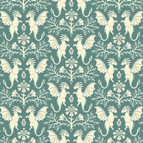 Dragons Damask - traditional, fantasy, floral, vintage - muted dusty green - Pollinator Dragons coordinate - large