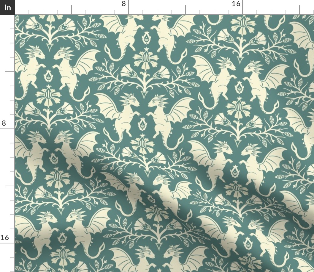 Dragons Damask - traditional, fantasy, floral, vintage - muted dusty green - Pollinator Dragons coordinate - large