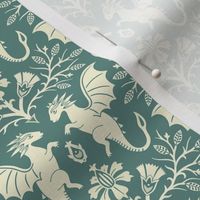 Dragons Damask - traditional, fantasy, floral, vintage - muted dusty green - Pollinator Dragons coordinate - medium