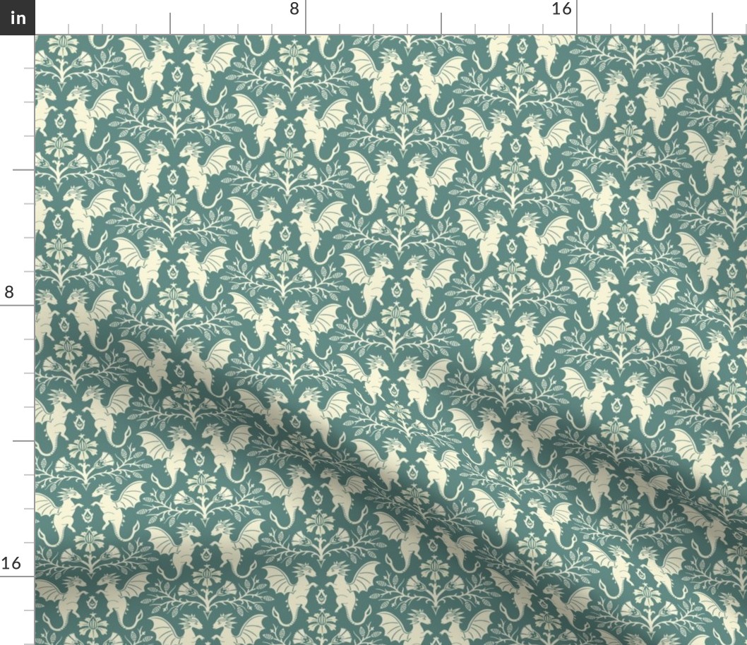 Dragons Damask - traditional, fantasy, floral, vintage - muted dusty green - Pollinator Dragons coordinate - medium