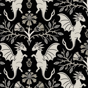 Dragons Damask - traditional, fantasy, floral, goth - selenium, warm grey-scale on black - Pollinator Dragons coordinate - extra large