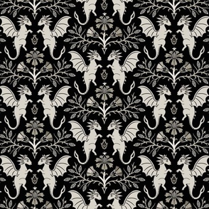 Dragons Damask - traditional, fantasy, floral, goth - selenium, warm grey-scale on black - Pollinator Dragons coordinate - large