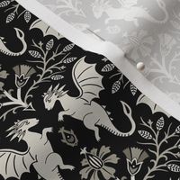 Dragons Damask - traditional  floral, goth - selenium, warm grey-scale on black - Pollinator Dragons coordinate - medium