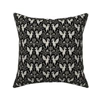 Dragons Damask - traditional  floral, goth - selenium, warm grey-scale on black - Pollinator Dragons coordinate - medium