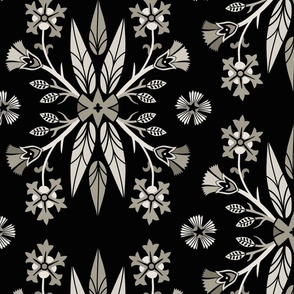 Dragon feathers - kaleidoscope traditional  floral, goth - selenium, warm grey-scale on black - Pollinator Dragons coordinate - extra large