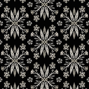 Dragon feathers - kaleidoscope traditional  floral, goth - selenium, warm grey-scale on black - Pollinator Dragons coordinate - large