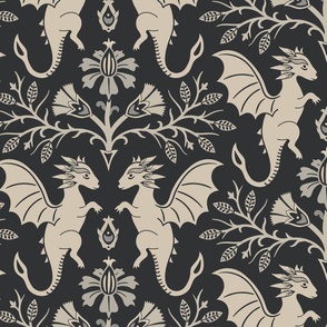 Dragons Damask - traditional fantasy floral, goth - sepia, charcoal, vintage look - extra large