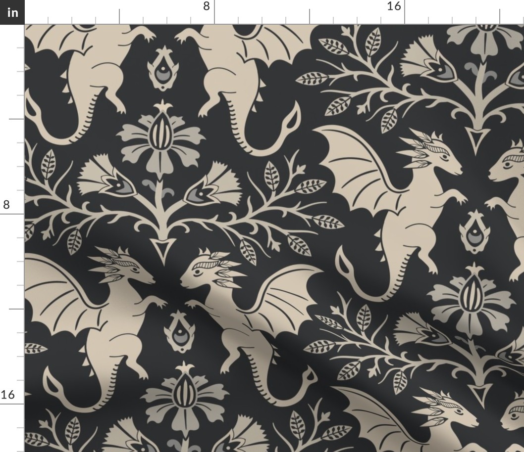 Dragons Damask - traditional fantasy floral, goth - sepia, charcoal, vintage look - extra large