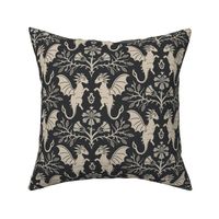 Dragons Damask - traditional fantasy floral, goth - sepia, charcoal, vintage look - large