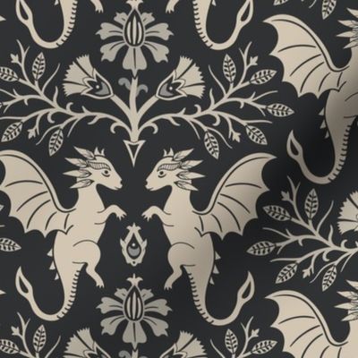 Dragons Damask - traditional fantasy floral, goth - sepia, charcoal, vintage look - large