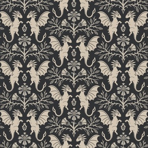 Dragons Damask - traditional fantasy floral, goth - sepia, charcoal, vintage look - large