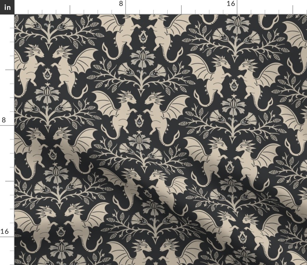 Dragons Damask - traditional fantasy floral, goth - sepia, charcoal, vintage look - large