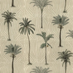VINTAGE PALM TREES - FADED COLORS ON EXOTIC PATTERNED BURLAP
