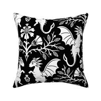 Dragons Damask - traditional, fantasy, floral, goth - black and white - Pollinator Dragons coordinate - extra large