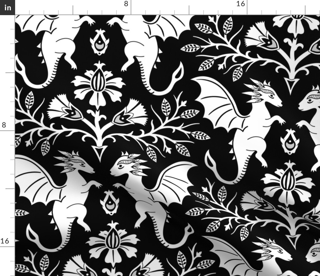 Dragons Damask - traditional, fantasy, floral, goth - black and white - Pollinator Dragons coordinate - extra large