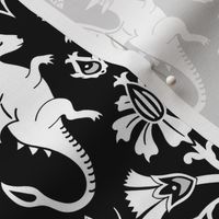 Dragons Damask - traditional, fantasy, floral, goth - black and white - Pollinator Dragons coordinate - large