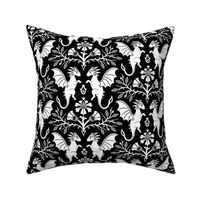 Dragons Damask - traditional, fantasy, floral, goth - black and white - Pollinator Dragons coordinate - large