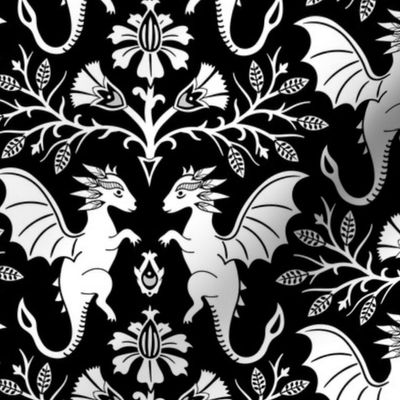 Dragons Damask - traditional, fantasy, floral, goth - black and white - Pollinator Dragons coordinate - large