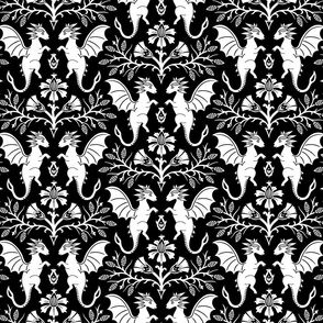 Dragons Damask - traditional, fantasy, floral, goth - black and white - Pollinator Dragons coordinate - large