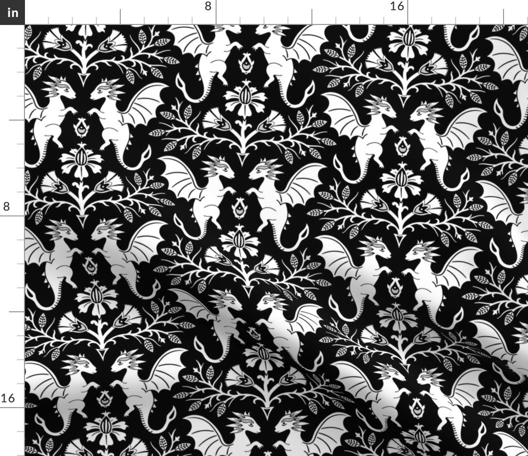 Dragons Damask - traditional, fantasy, floral, goth - black and white - Pollinator Dragons coordinate - large