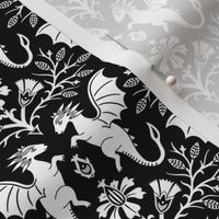 Dragons Damask - traditional, fantasy, floral, goth - black and white - Pollinator Dragons coordinate - medium